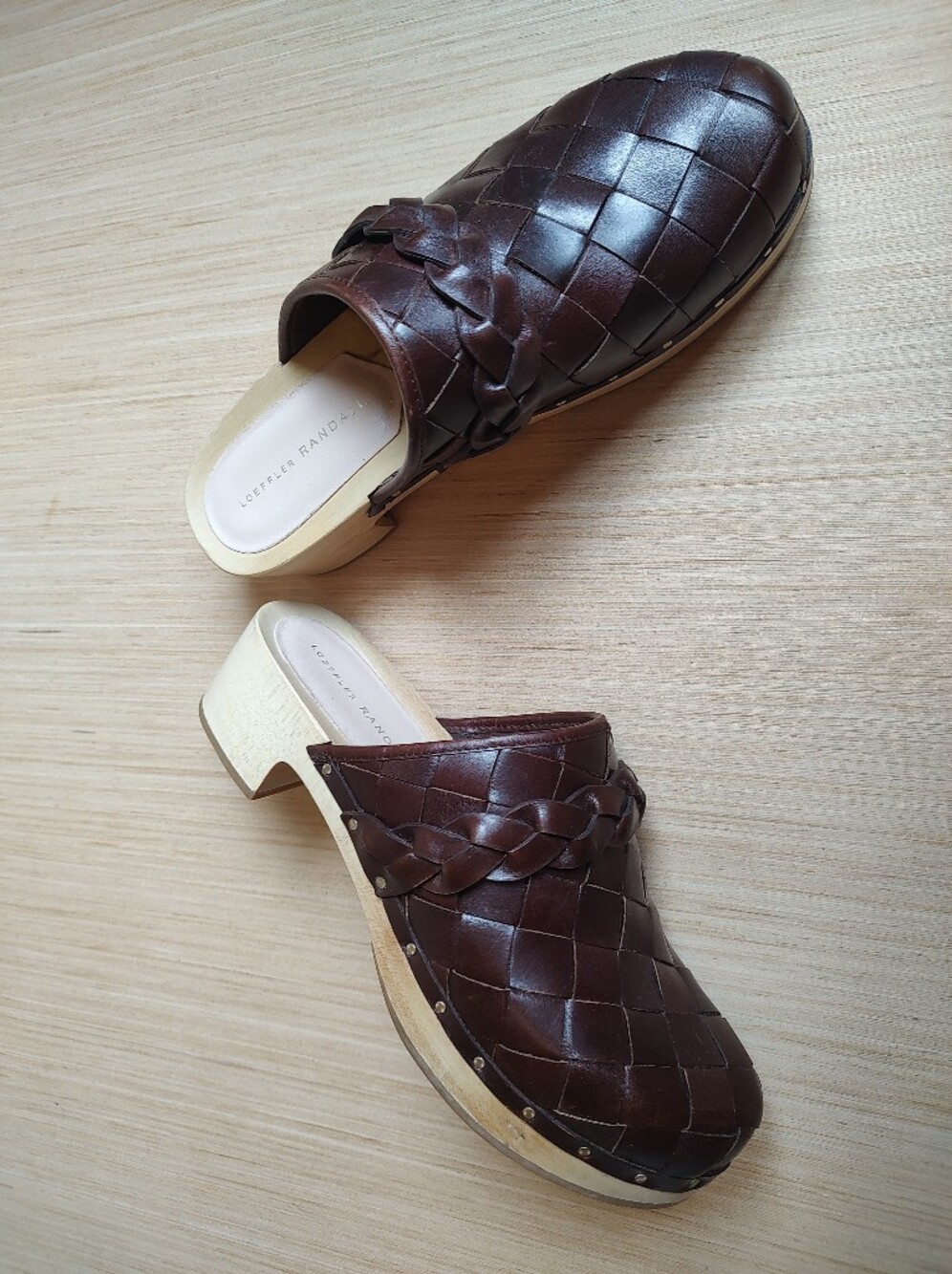 Loeffler Randall Polina Clogs Slides Mules Leather Weave Cherry Brown Sandals 8 - Picture 8 of 16